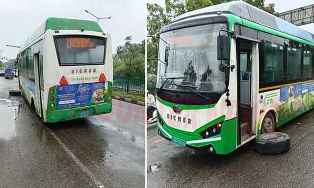 चलती बस के निकले टायर, बाल-बाल बचे यात्री