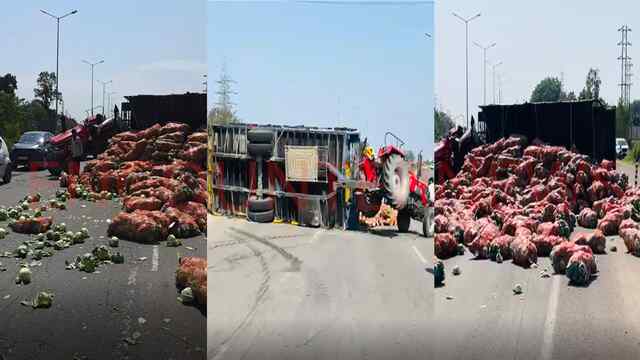 Highway पर पलटी सब्जी से भरी ट्रैक्टर ट्राली, ट्रैफिक हुआ बाधित, देखें वीडियो