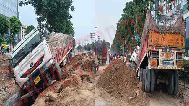 Punjab News: Airport Road पर गड्ढे में गिरा ट्राला, बाल-बाल बचा Driver, देखें वीडियो