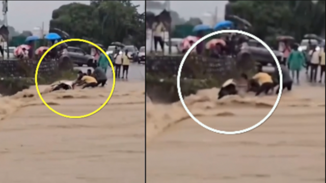पानी के तेज बहाव में बह गई बाइक, देखें वीडियो