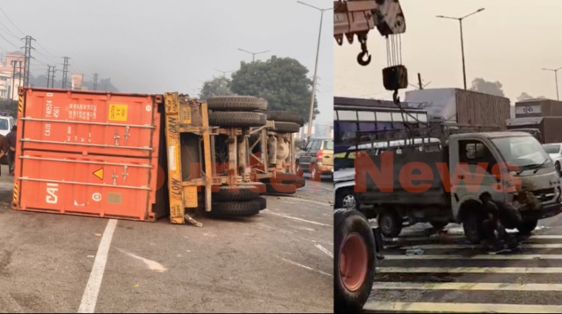 Jalandhar National Highway पर 3 वाहनों में भिड़ंत, टक्कर के बाद पलटा छोटा हाथी और कंटेनर, लगा जाम, देखें वीडियो