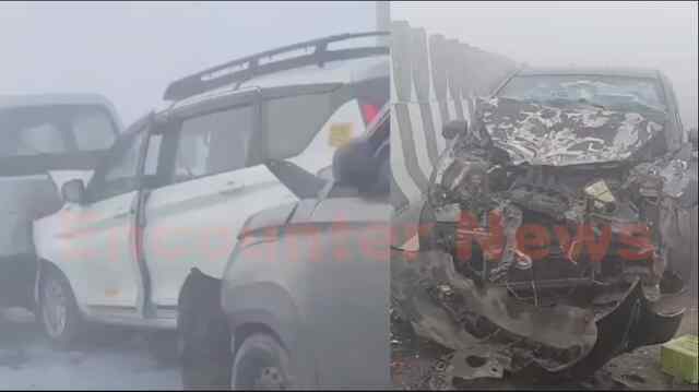 कोहरे के कारण हुआ हादसा, 14 गाड़ियों में हुई टक्कर, देखें वीडियो
