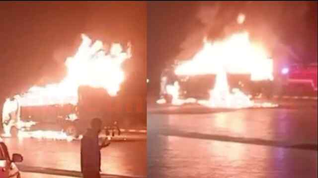 Petrol Pump के पास कैंटर को लगी भीषण आग, मची अफरा-तफरी, देखें वीडियो