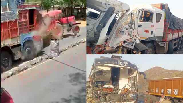 भीषण सड़क हादसे में 6 लोगों की मौत, 26 घायल, बस, डंपर और ट्रक के उड़े परखच्चे, देखें वीडियो