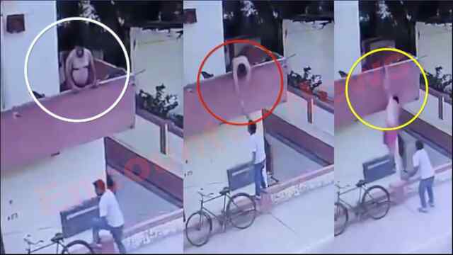 बालकनी से आइसक्रीम लेने के चक्कर में गिरा व्यक्ति, देखें वीडियो
