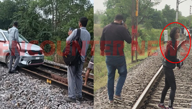 गजब मामलाः महिला ने रेलवे ट्रैक पर दौड़ाई कार, अधिकारियों में मचा हड़कंप, वीडियो वायरल