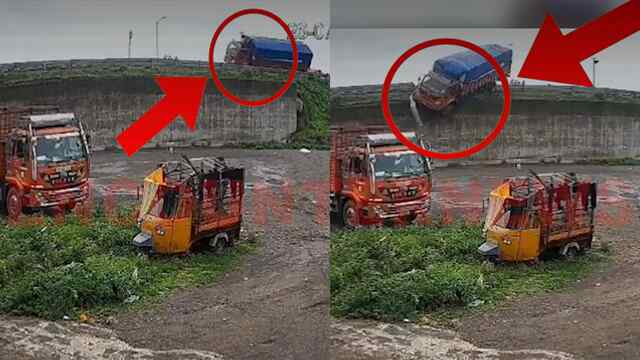 दर्दनाक हादसाः फ्लाईओवर से 50 फीट नीचे गिरा ट्रक, चालक घायल, देखें CCTV