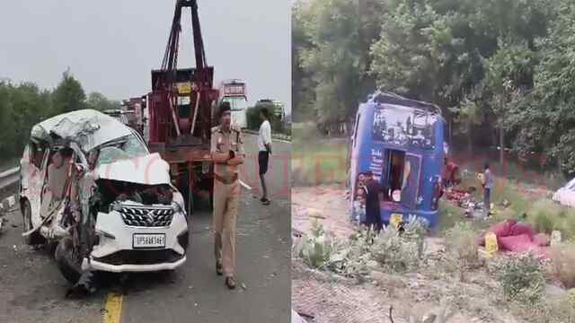 एक्सप्रेसवे पर बस और कार में हुई भीषण टक्कर, 2 बच्चियों सहित 5 की मौत, 12 घायल, देखें वीडियो
