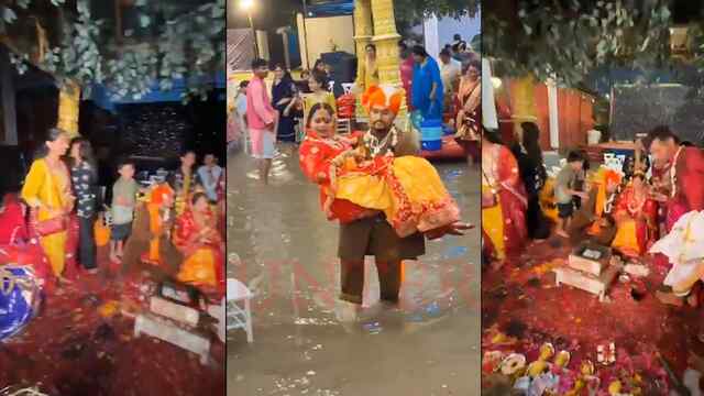 बारिश में डूबा मैरिज गार्डन, दुल्हन को गोद में उठाकर मंडप पर पहुंचा दूल्हा, देखें वीडियो