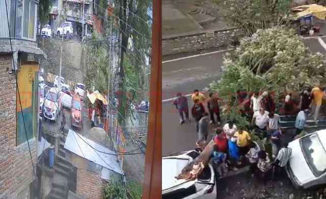 सड़क किनारे पेड़ गिरने से हुआ हादसा, 2 गाड़ियां क्षतिग्रस्त, देखें वीडियो