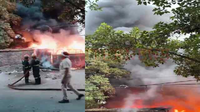 कबाड़ के गोदाम में लगी आग, 25 फीट ऊंची उठती दिखी लपटें, देखें वीडियो