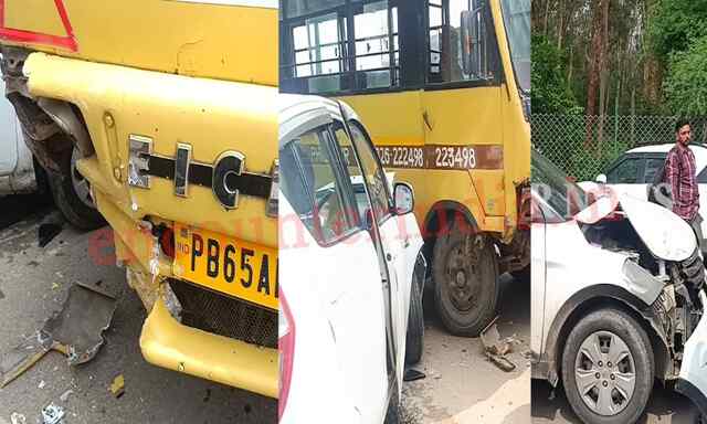 Jalandhar News: स्कूली बस की ब्रेक ना लगने के कारण 4 गाड़ियों में हुई टक्कर, देखें वीडियो