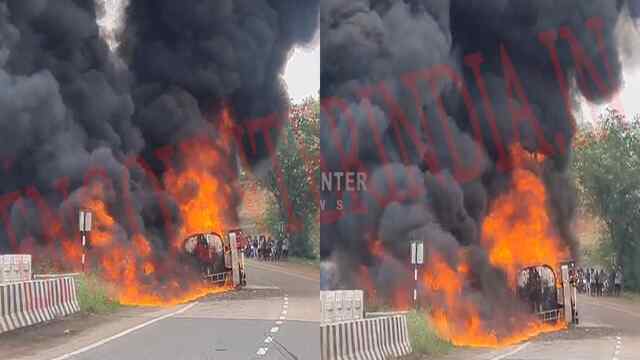 National Highway के पास पलटा डीजल का टैंकर, लगी भीषण आग, देखें वीडियो