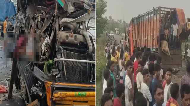 2 ट्रकों में भीषण टक्कर, 2 चालकों समेत दर्जन भर मवेशियों की मौत