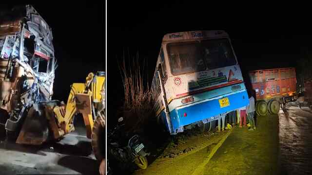 Roadways Bus और Truck में भीषण टक्कर, Driver की मौत, एक दर्जन सवारी घायल