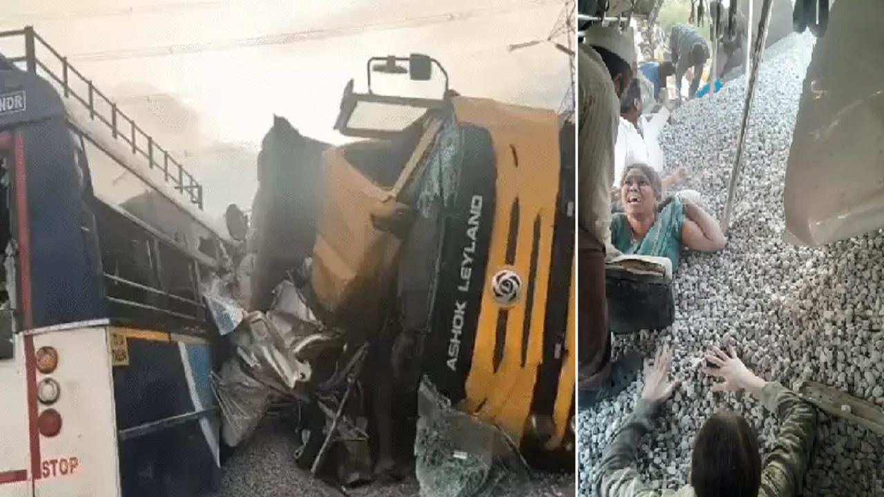 National Highway पर भयानक हादसा: गिट्टी से लदा डंपर Bus पर पलटा, 20 की मौत, देखें वीडियो