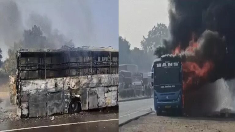 धुआं उठता देख Driver ने लगाई Brakes, चंद मिनटों में आग का गोला बनी Bus, देखें वीडियो
