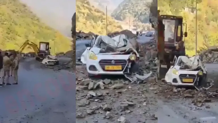 चलती कार पर गिरा पहाड़, महिला की मौत, गाड़ी के उड़े परखच्चे, देखें वीडियो