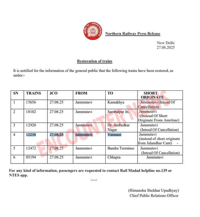 बारिश का कहर जारीः रेलवे ने 27 को किया शॉर्ट-टर्मिनेट, 22 ट्रेनें रद्द