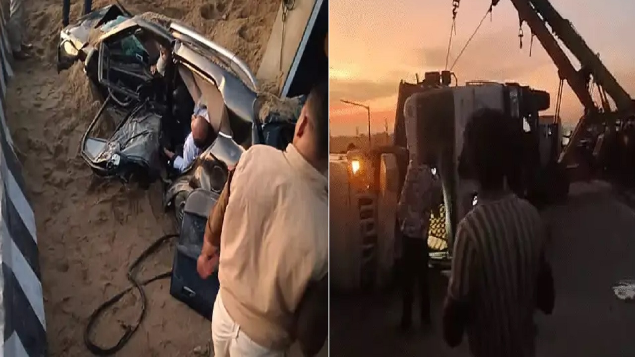 बजरी से भरा डंपर कार पर पलटा, नीचे दबने से 4 लोगों की मौत