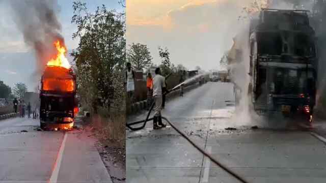 सरिया लदे Truck को लगी भीषण आग, Driver और कंडक्टर ने कूदकर बचाई जान