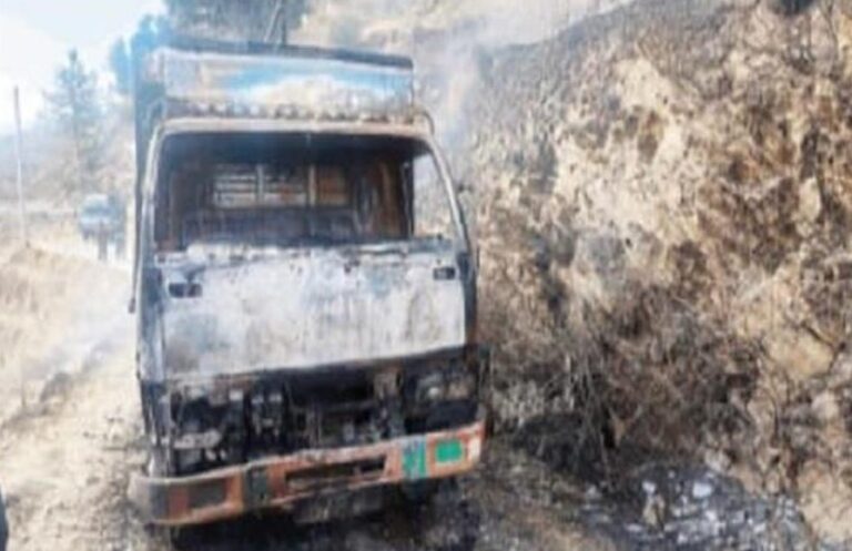 राशन से भरे टैम्पो में लगी भयानक आग, सड़क किनारे लगे पेड़ भी चपेट में आए