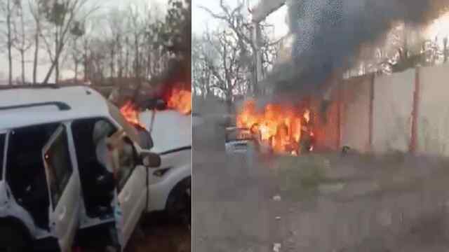 गाय को बचाने के चक्कर में स्कूल की दीवार से टकराई विधायक की Car, लगी भीषण आग