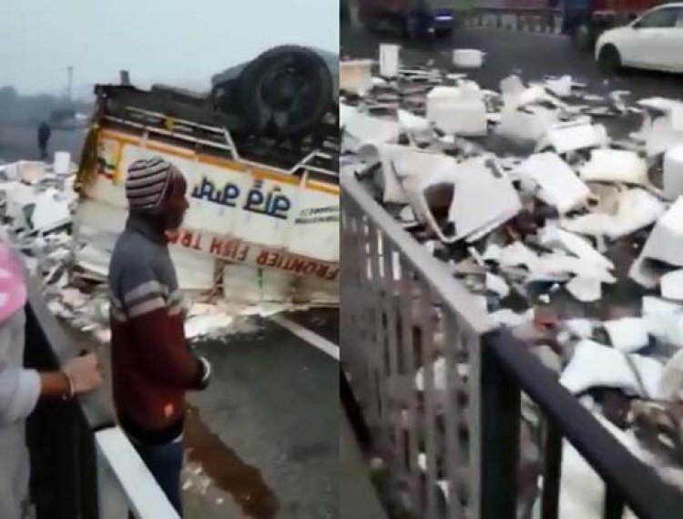 जालंधरः हाईवे पर पलटी जीप, सड़क पर तैरती दिखीं मछलियां, देखें तस्वीरें