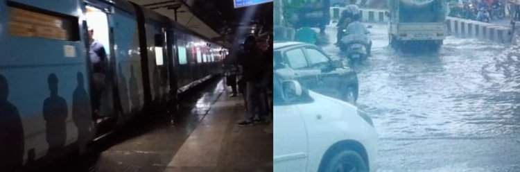 बारिश से रेलवे स्टेशन पर छाया अंधेरा, शहर में पानी खड़ा होने से लोग परेशान