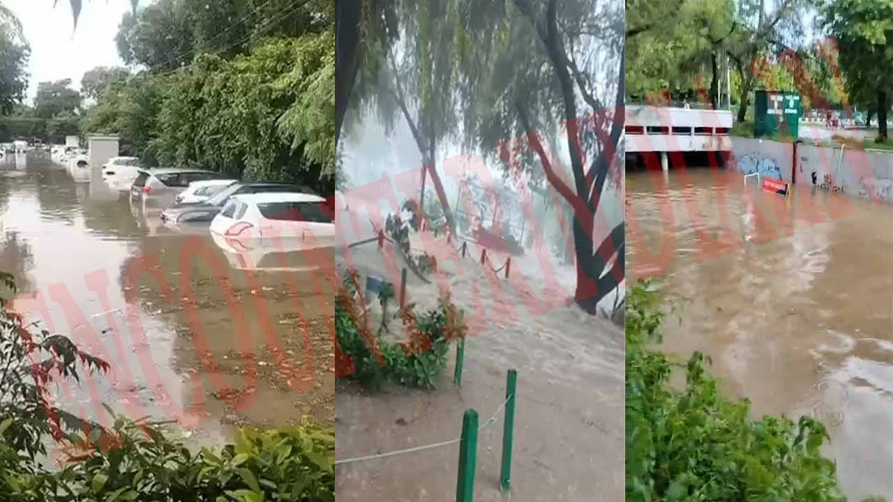 बारिश में डूबी गाड़ियां, रोज गार्डन पानी से लबालब, देखें वीडियो