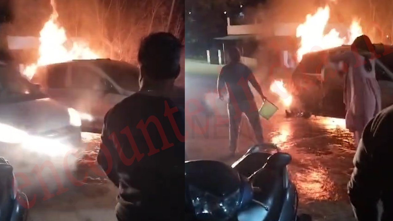 घर के बाहर खड़ी गाड़ी में लगी भीषण आग, देखें वीडियो