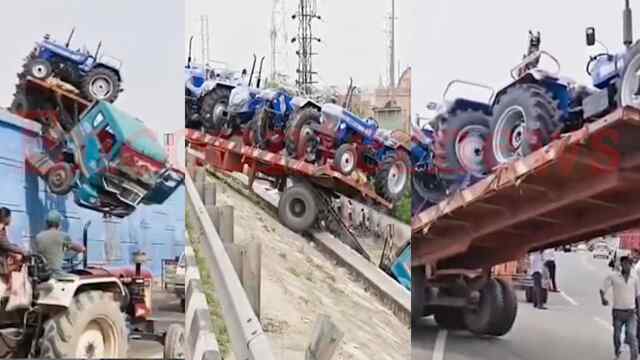 टला हादसाः Highway पर ट्रैक्टरों से भरा ट्रेलर रेलिंग तोड़ता हवा में लटका, देखें वीडियो